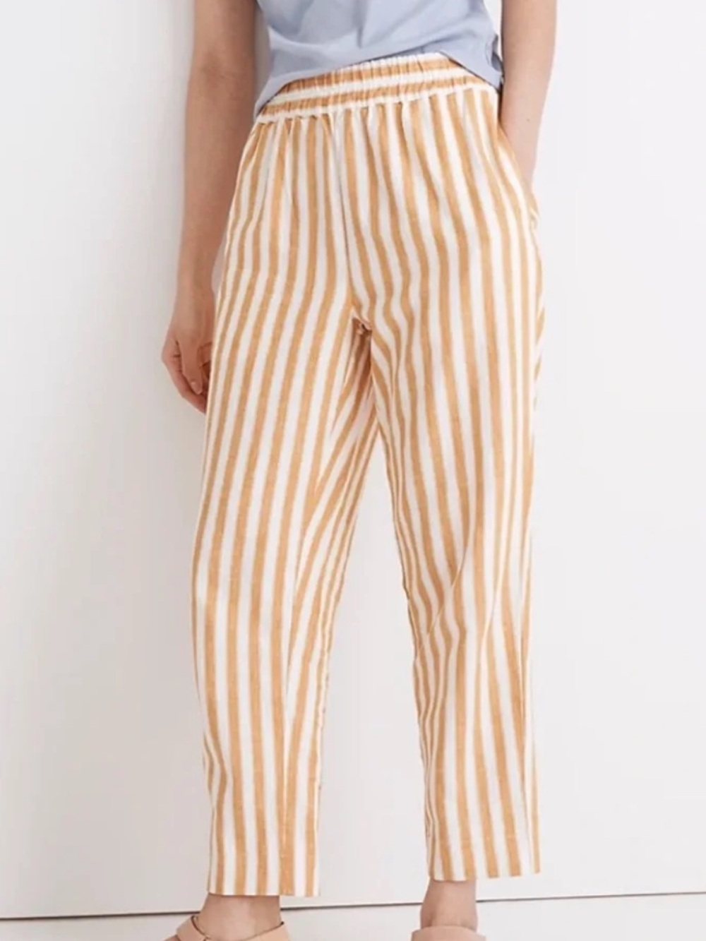 MADEWELL COTTON LINEN PULL ON CROPPED STRIPED PANTS YELLOW WHITE MEDIUM